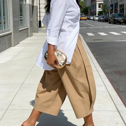 Women High Waisted Pants Wide Leg Cropped Palazzo Pants Baggy Fit Casual Trousers Pockets Elastic Waist in Kuwait