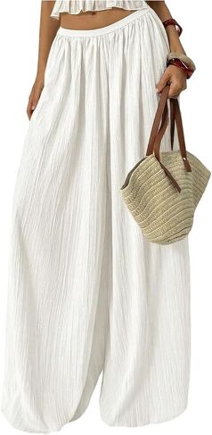 Milumia Women's Boho Wide Leg Palazzo Pants Elastic Waist Textured Flowy Trousers Beach Cover Up in Kuwait
