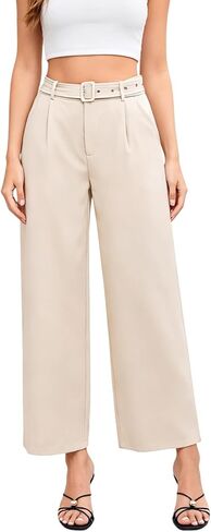 YesFashion Womens High Waisted Cropped Wide Leg Pants Belted Waist Pleated Ankle Business Casual Pants with Pocket in Saudi Arabia