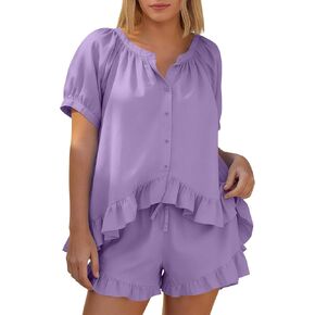 Kissonic Womens Pajamas Set 2 Piece Cotton Puff Sleeve Ruffle Babydoll Shirt Shorts Summer Short Sets in Saudi Arabia