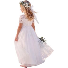 Flower Girl Dress Paisley Lace Tulle A-Line Sleeves First Communion Dress Wedding Party Maxi Gown in Kuwait