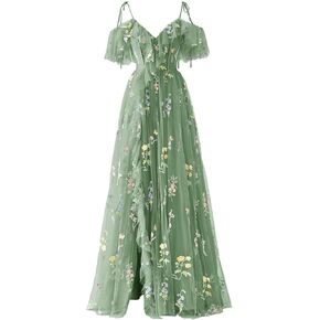 Embroidery Tulle Prom Dresses Formal Gowns 2025 Green Ruched Corset Flower Party Floor Length Dresses for Wpmen Size 16 in Saudi Arabia