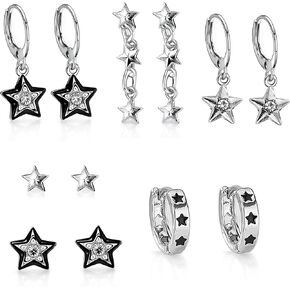 Y2K Earrings Silver Set with Sparkling Rhinestone, 6 Pairs Vintage Grunge Star Earrings for Women, Aesthetic Alt Earrings with Star Designs for Sensitive Ears, Cool Jewelry Gift in Kuwait