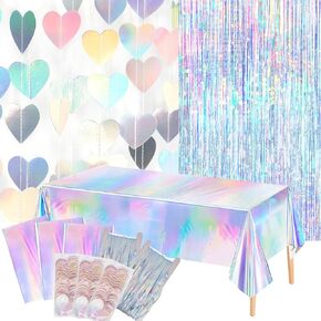8 PCS Iridescent Disco-Holographic Party Decorations - Love-Heart Garland Streamers Banner, Disposable Laser Tablecloth, Tinsel Foil Fringe Curtains | Birthday, Bachelorette, Engagement, 90s, 80s in Saudi Arabia