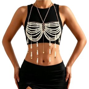 Multi-Layered Pearl Body Chain Tops Sexy Sparkly beaded Bra Nightclub Beach Bikini Rave Crop for Women in Saudi Arabia