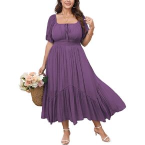 SHESTARR Women's Plus Size Dress Short Sleeve Square Neck Tie Front Ruffle Hem Boho Maxi Milkmaid Dress in Saudi Arabia