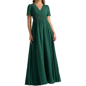 Women's V Neck Short Sleeve Pleated Maxi Dress Empire Waist Flowy Long Formal Gown for Wedding Guest Evening Party in Saudi Arabia