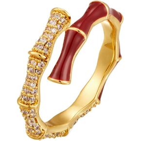 Gold Tone Red Enamel Bamboo Ring for Women, Dual Layer Cubic Zirconia Statement Ring, Adjustable Open Band Daily Wear Jewelry in Saudi Arabia
