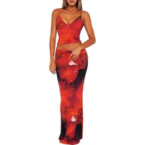 TZLDN Maxi Skirt Set Summer Women 2 Piece Outfits Floral Printed Sexy Bodycon Long Dress Y2k Going Out Vacation Outfits in Saudi Arabia
