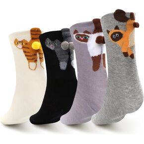 4 Pairs Cute Cat Socks with Balls, Women's 3D Novelty Funny Cotton Animal Cat Cotton Crew Socks for Women Girls Cats Lovers Gift in Saudi Arabia