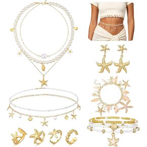 Beach Jewelry Set, Gold Pearl Seashell Starfish Waist Chain Layer Necklace Bracelets Earrings Rings Anklets Mermaid Costume Accessories in Saudi Arabia