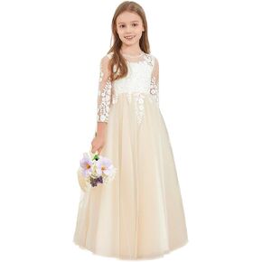 Flower Girl Dress Long Sleeve Lace Applique Tulle Gown White Ivory First Communion Wedding Princess Dresses GZY270 in Saudi Arabia