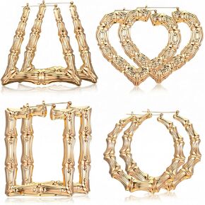 Bamboo Hoop Earrings for Women Large Gold Bamboo Earrings Set 80s 90s Y2K Chunky Hoop Heart Round Square Trapezoid Retro Statement Jewelry Hip Hop Party Accessories 4 Pairs in Saudi Arabia