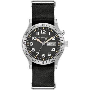 Caravelle by Bulova Men's Quartz Watch, Vintage Lite Up, Black Nylon Strap, Black Dial, Day/Date Style: 43C125 in Saudi Arabia