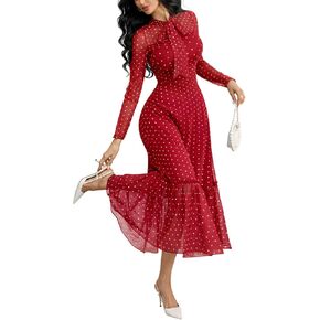 GothDark Polka Dot Dress for Women Mesh Tie Neck Bow Sheer Sleeve Flowy Ruffle Hem Going Out Wedding Guest Casual Dress in Saudi Arabia