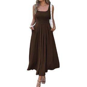 Womens Boho Summer Dresses Casual Maxi Dress with Pockets Square Neck Sleeveless Sundress for Beach Vacation in Saudi Arabia