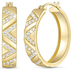 Gold Hoop Earrings for Women 14K Gold Earrings for Women 14K Gold Hoop Earring for Womens Hoops Cubic Zirconia Set in Spaced V Pattern Hoops Earring for Womens 25/30mm in Kuwait