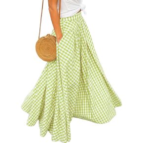 Women's Gingham Skirt Elastic High Waist A Line Plaid Maxi Skirt Spring Summer Pleated Flared Casual Flowy Long Skirt in Saudi Arabia