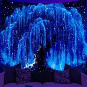 WEBEEDY حالمة الأزرق الصفصاف Blacklight نسيج الأشعة فوق البنفسجية التفاعلية المجرة المرصعة بالنجوم ليلة الجدار شنقا شجرة الجمالية الغامضة من الحياة ديكور المنزل لغرفة النوم النوم جدار الفن خلفية الحزب، 59x51 بوصة in Kuwait