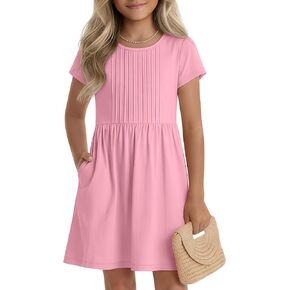 Girls Dress Kids Summer Pleated A Line Casual Short Sleeve Crewneck Basic Boho Dress with Pockets for Teen 5-14 Y in Kuwait