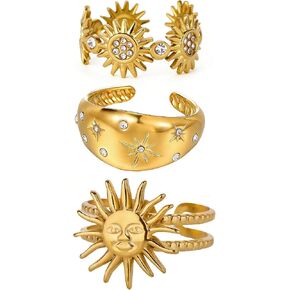 Gold Chunky Rings for Women Non Tarnish 18K Gold Plated Sun Star Open Adjustable Statement Rings Set Trendy Jewelry Gift in Saudi Arabia