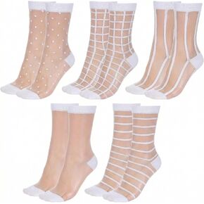 5 Pairs Sheer Socks Women,Mesh Socks See Through Sock for Women,Plaid Dots,Stripes and Geometric,Spring&Summer in Saudi Arabia