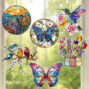 Patelai 6 Pcs Acrylic Butterfly Suncatcher Ornament Faux Stained Glass Butterfly Gifts for Women Colorful Hummingbird Cardinal Suncatcher Window Hanging Decor for Home Spring Summer Nature Lover in Kuwait