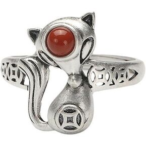 S925 Sterling Silver Nine-Tailed Fox Ring with Red Agate, Adjustable Open Band, Vintage Oriental Myth Boho Statement Jewelry for Women in Saudi Arabia