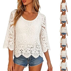 Bathing Suit Coverups for Woman Hollow Out Crochet Knit Shirt 3/4 Sleeve Crewneck Floral Lace Loose Beach Up Tops in Saudi Arabia