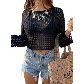 Womens Crochet Crop Top Mesh Sweater Knit Fishnet Pullover Long Sleeve Beach Hollow Out Cover Up Tops for Swimwear in Saudi Arabia