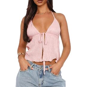 Women Halter Crop Top Tie Front V Neck Backless Flowy Summer Going Out Tops in Saudi Arabia