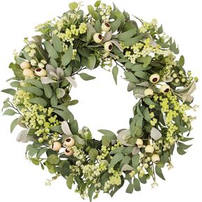 22Inch Greenery Wreaths for Front Door, Artificial Eucalyptus, Olive & Lamb's Ear Leaves Wreath with White Berries & Mini Blooms, Farmhouse Year Round Wreath for Porch Wall Window Home Decor in Saudi Arabia