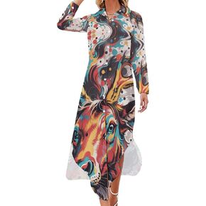 Women's Sketch-Dragons Long Sleeve Button Down Cute Maxi Shirt Dress in Saudi Arabia