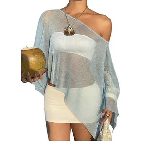 Verdusa Women's Shiny Sheer Poncho Top Asymmetrical Off Shoulder Cover Up Beach Outfits in Kuwait