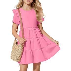 Girls' Short Sleeve Dress Summer Crew Neck Ruffle Dresses Kids Tiered Swing A Line Cute Casual Sundress, 5-14 Years in Kuwait