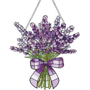 Lavender Flower Stained Glass Window Hanging Suncatchers Purple Lavender Ornament Indoor Wall Art Decor Floral Botanical Wall Hanging Decorations Gifts for Mom's Day in Saudi Arabia