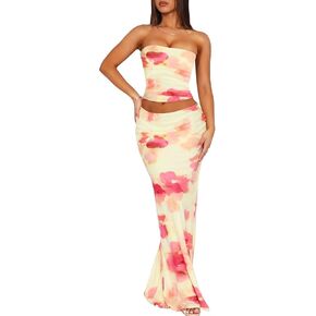 TZLDN Maxi Skirt Set Summer Women 2 Piece Outfits Tube Top Strapless Top Floral Printed Sexy Bodycon Dress Vacation Outfits in Saudi Arabia