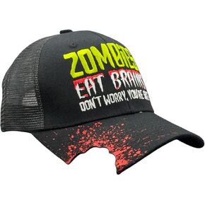 قبعة زومبي مضحكة للرجال - قبعة جرافيك Zombies Eat Brains مع حافة لدغة متعثرة وطباعة متناثرة - قبعة سائق شاحنة مبتكرة من الخلف شبكي ناعم لنمط الهالوين غير الرسمي in Kuwait