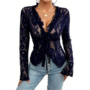 Women's Lace Top Ruffle Sheer Mesh Tie-Front Blouse Floral See-Through Casual Shirt Long Sleeve for Daily Going Out in Saudi Arabia