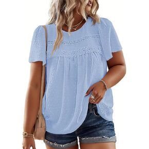 Plus Size Summer Shirts for Women Casual Short Sleeve Swiss Dot Blouse Flowy Loose Fit Tops in Saudi Arabia