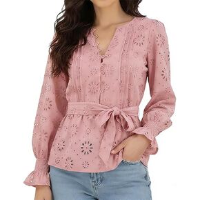 Women's Eyelet Embroidered Blouse 2026 Spring Boho V Neck Belted Shirt Casual Puff Sleeve Lace Shirts in Saudi Arabia