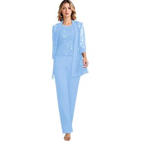 3 Pieces Chiffon Mother of The Bride Pant Suits Lace Sequin Wedding Formal Pantsuits with Jacket HX026 Light Blue in Saudi Arabia