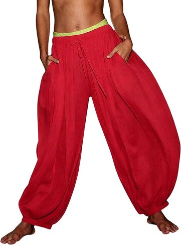 Women Baggy Balloon Barrel Pants Sheer Summer Boho Beach Flowy Drawstring Elastic Waist Wide Leg Striped Harem Pants in Kuwait