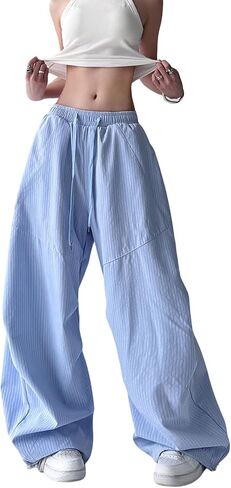 Y2K Baggy Pants Women Streetwear Hip Hop Striped Wide Leg Trousers Casual Drawstring Dance Blue Cargo Joggers in Saudi Arabia