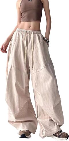 Y2K Baggy Pants Women Streetwear Hip Hop Striped Wide Leg Trousers Casual Drawstring Dance Blue Cargo Joggers in Saudi Arabia