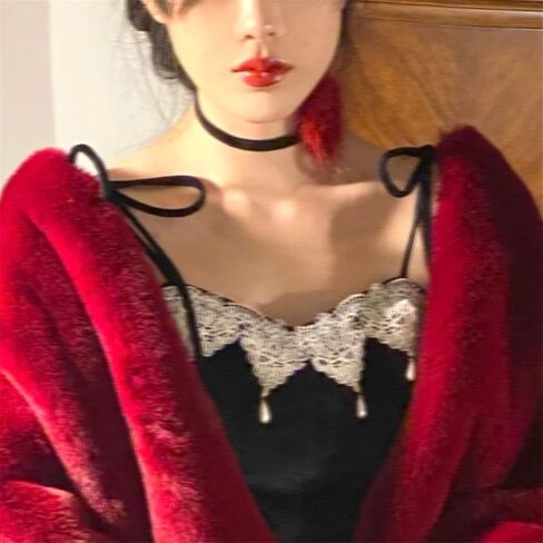 MLN1 Real Mink Fur Red Rose Necklace For Women Real Leather Ribbon Clavicular Chain Luxury Fur Flower Accessory Furry Fur Party Necklaces in Saudi Arabia