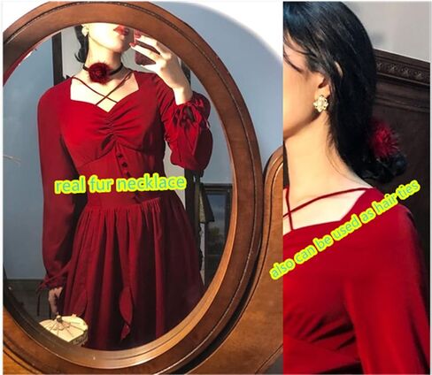 MLN1 Real Mink Fur Red Rose Necklace For Women Real Leather Ribbon Clavicular Chain Luxury Fur Flower Accessory Furry Fur Party Necklaces in Saudi Arabia