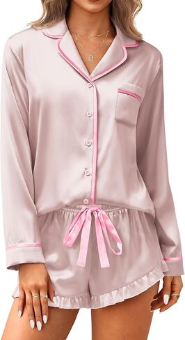 Ekouaer Satin Pajamas Set for Women 2 Piece Silky Long Sleeve and Ruffle Shorts Pajamas Button Down Pjs Loungewear Set Champagne Small in Kuwait