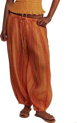 Women Baggy Balloon Barrel Pants Sheer Summer Boho Beach Flowy Drawstring Elastic Waist Wide Leg Striped Harem Pants in Saudi Arabia