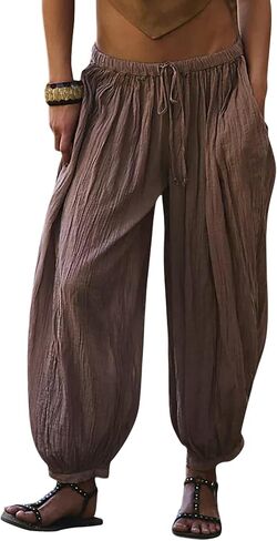Women Baggy Balloon Barrel Pants Sheer Summer Boho Beach Flowy Drawstring Elastic Waist Wide Leg Striped Harem Pants in Kuwait